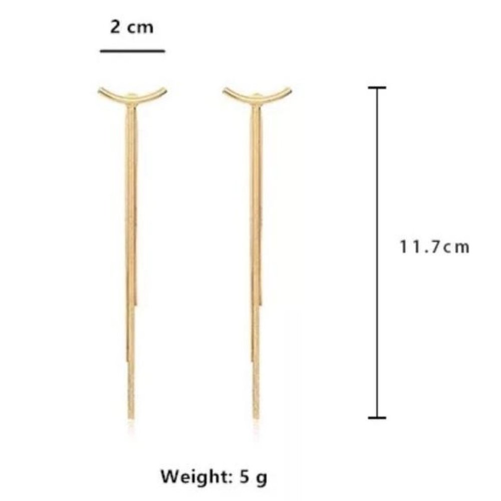 18K Yellow Gold Long Thread Tassel Arc Earrings, shiny Earrings, cute Earrings - Picture 4 of 5